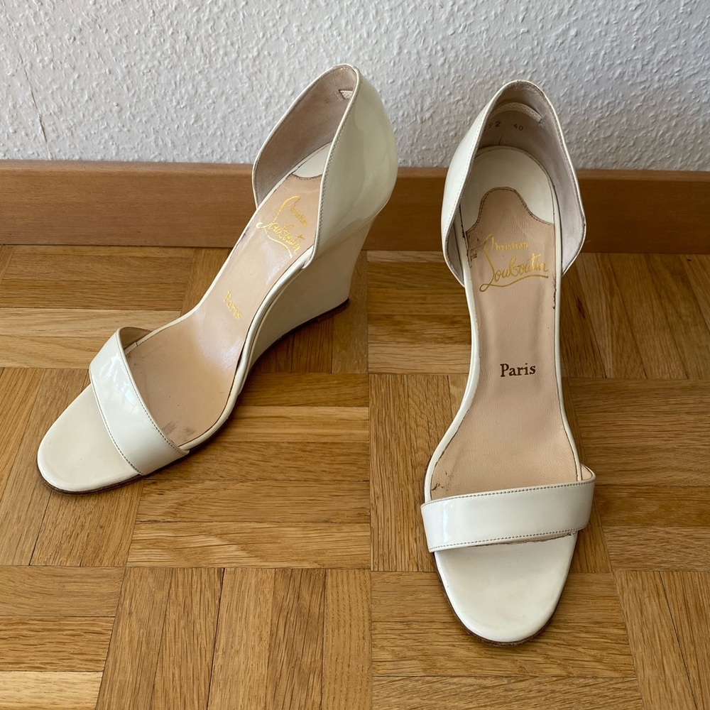 Christian Louboutin white patent leather platform wedge sandals